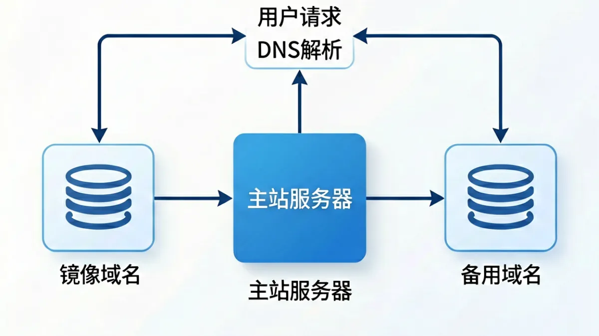 解释海角社区域名工作原理的示意图，展示DNS解析、镜像与备用域名的关系结构