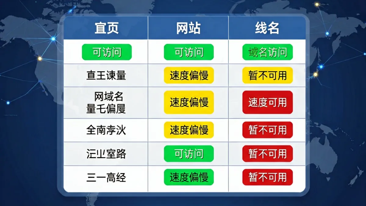 海角社区官网大陆域名线路对比示意图，展示多条域名在中国大陆的访问状态与速度评级